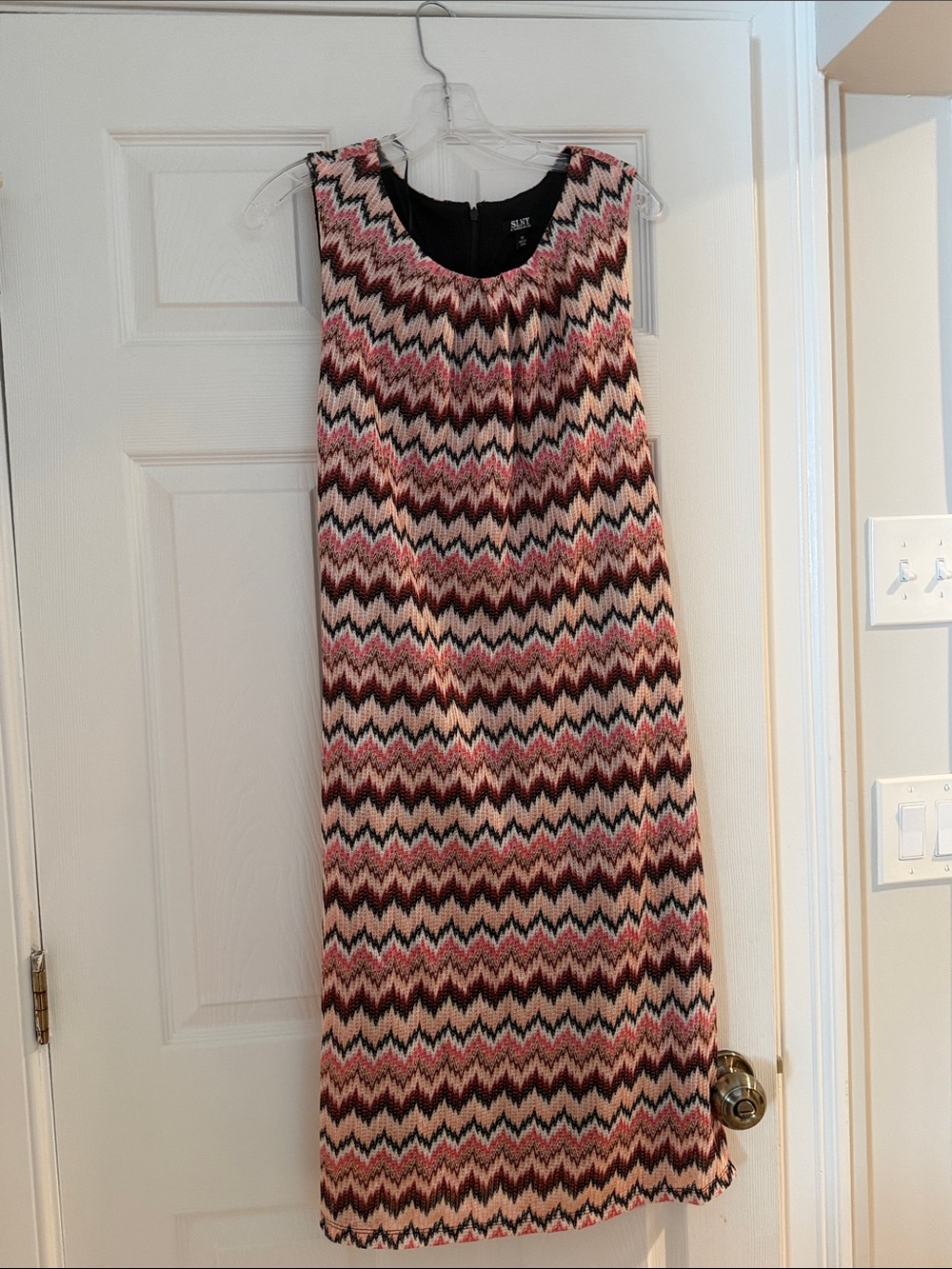 SLNY Zigzag Sleeveless Shift Dress in Pink, Black and Cream